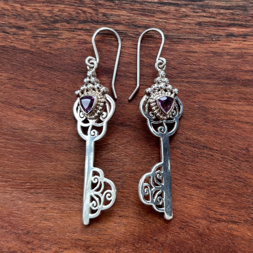 Sterling Silver and Purple Amethyst Key Earrings